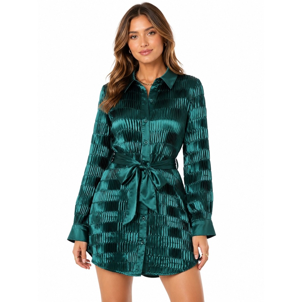 Loveriche Pleated Satin Shirt Dress Womens Small New Forest Green Tie Waist Mini